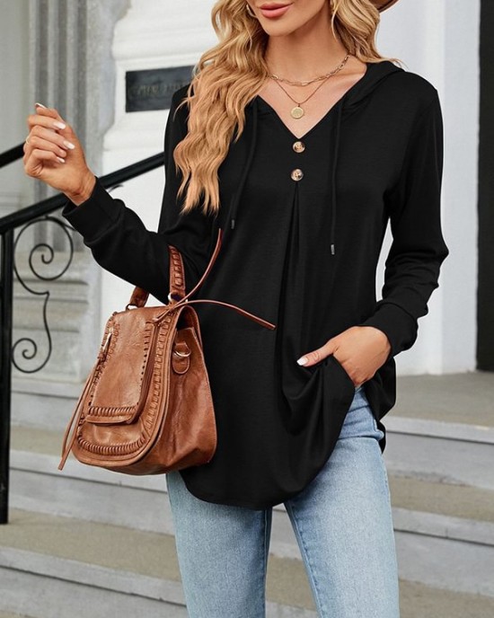 Buttoned Drawstring Hooded Solid Color Long Sleeves Loose V-Neck T-Shirts Tops