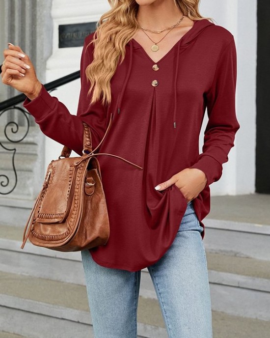 Buttoned Drawstring Hooded Solid Color Long Sleeves Loose V-Neck T-Shirts Tops