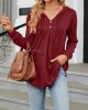 Buttoned Drawstring Hooded Solid Color Long Sleeves Loose V-Neck T-Shirts Tops