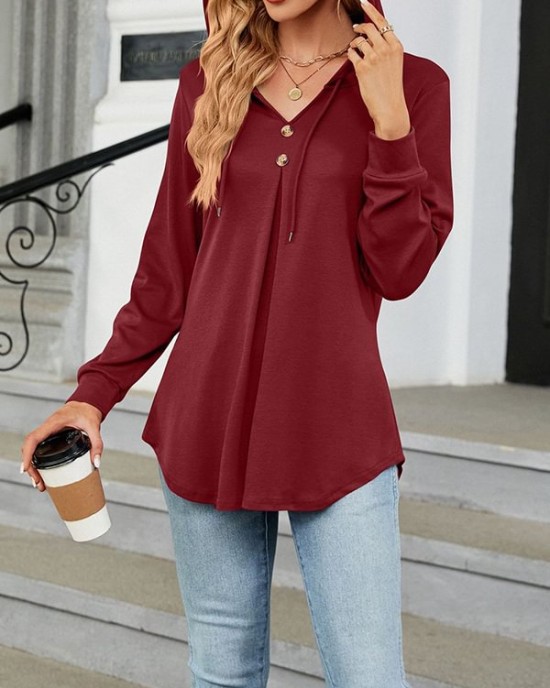 Buttoned Drawstring Hooded Solid Color Long Sleeves Loose V-Neck T-Shirts Tops