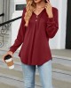 Buttoned Drawstring Hooded Solid Color Long Sleeves Loose V-Neck T-Shirts Tops