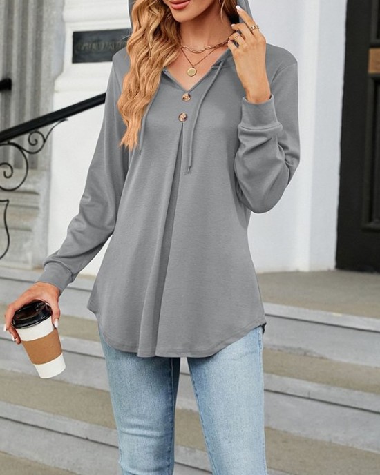 Buttoned Drawstring Hooded Solid Color Long Sleeves Loose V-Neck T-Shirts Tops