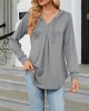 Buttoned Drawstring Hooded Solid Color Long Sleeves Loose V-Neck T-Shirts Tops