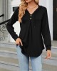 Buttoned Drawstring Hooded Solid Color Long Sleeves Loose V-Neck T-Shirts Tops