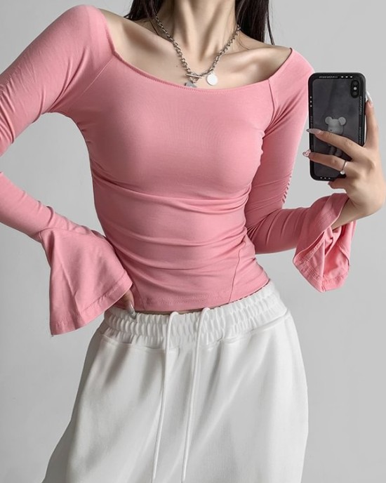 Pleated Solid Color Flared Sleeves Long Sleeves Boat Neck T-Shirts Tops