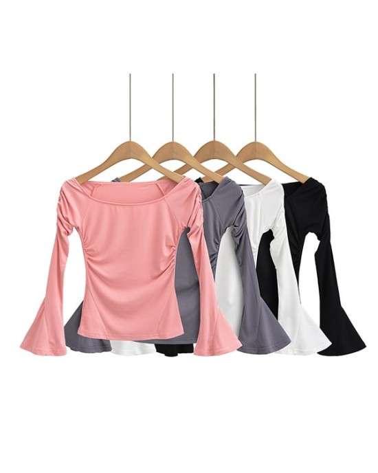 Pleated Solid Color Flared Sleeves Long Sleeves Boat Neck T-Shirts Tops