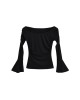 Pleated Solid Color Flared Sleeves Long Sleeves Boat Neck T-Shirts Tops