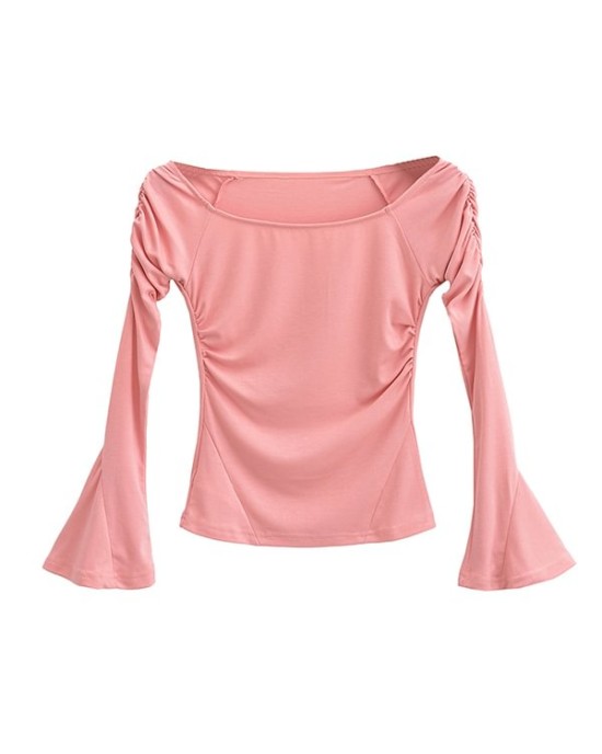 Pleated Solid Color Flared Sleeves Long Sleeves Boat Neck T-Shirts Tops