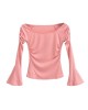 Pleated Solid Color Flared Sleeves Long Sleeves Boat Neck T-Shirts Tops