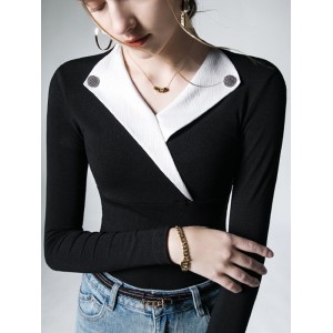 Asymmetric Buttoned Long Sleeves Skinny V-Neck T-Shirts Tops