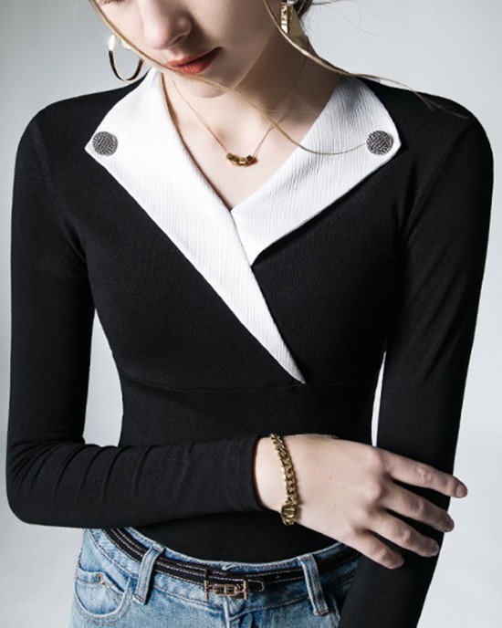 Asymmetric Buttoned Long Sleeves Skinny V-Neck T-Shirts Tops