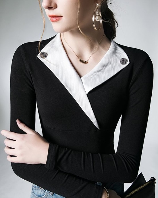 Asymmetric Buttoned Long Sleeves Skinny V-Neck T-Shirts Tops