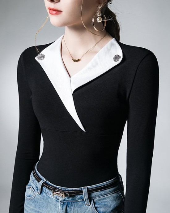 Asymmetric Buttoned Long Sleeves Skinny V-Neck T-Shirts Tops