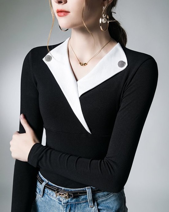 Asymmetric Buttoned Long Sleeves Skinny V-Neck T-Shirts Tops