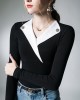 Asymmetric Buttoned Long Sleeves Skinny V-Neck T-Shirts Tops