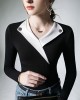 Asymmetric Buttoned Long Sleeves Skinny V-Neck T-Shirts Tops