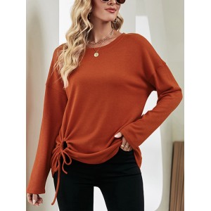 Asymmetric Drawstring Hollow Solid Color Long Sleeves Loose Round-Neck T-Shirts Tops