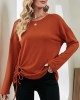 Asymmetric Drawstring Hollow Solid Color Long Sleeves Loose Round-Neck T-Shirts Tops