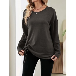 Asymmetric Drawstring Hollow Solid Color Long Sleeves Loose Round-Neck T-Shirts Tops