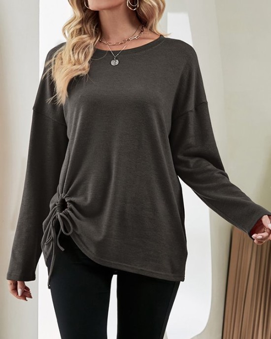 Asymmetric Drawstring Hollow Solid Color Long Sleeves Loose Round-Neck T-Shirts Tops