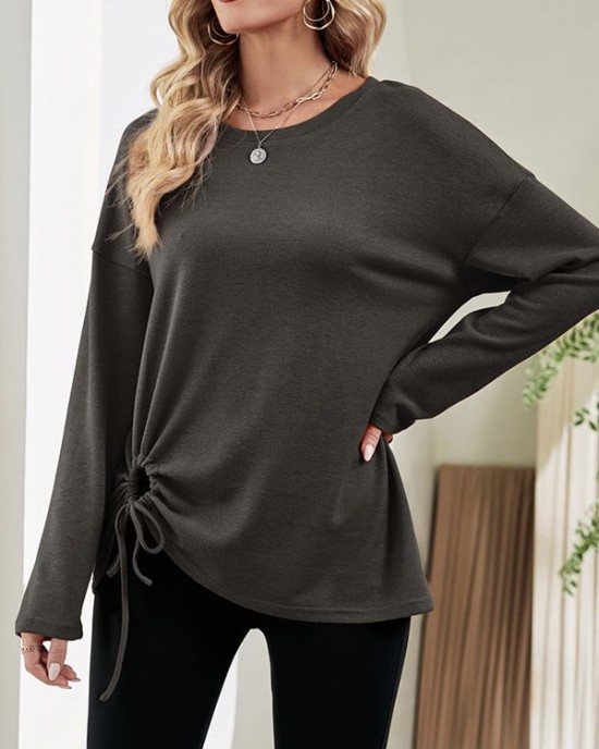 Asymmetric Drawstring Hollow Solid Color Long Sleeves Loose Round-Neck T-Shirts Tops