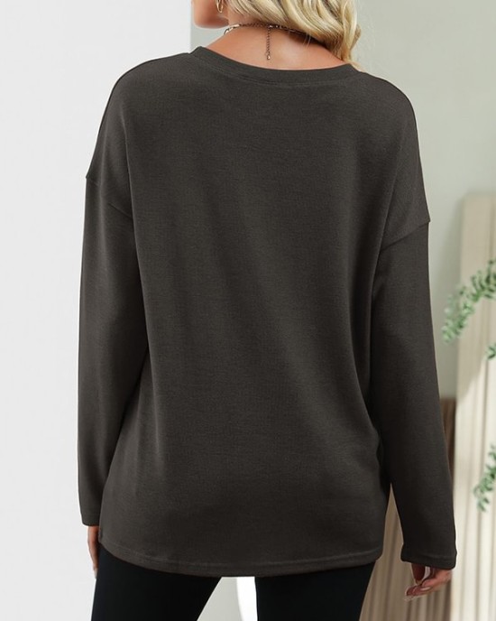 Asymmetric Drawstring Hollow Solid Color Long Sleeves Loose Round-Neck T-Shirts Tops