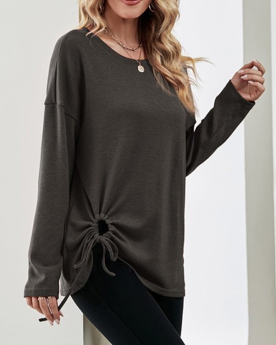 Asymmetric Drawstring Hollow Solid Color Long Sleeves Loose Round-Neck T-Shirts Tops