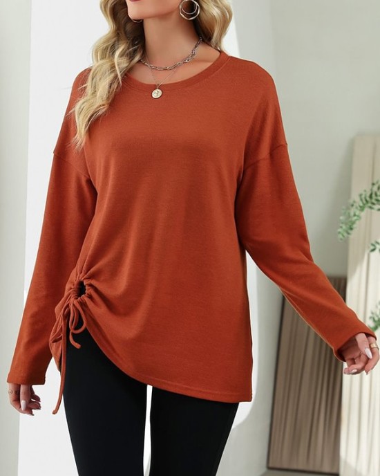 Asymmetric Drawstring Hollow Solid Color Long Sleeves Loose Round-Neck T-Shirts Tops