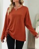 Asymmetric Drawstring Hollow Solid Color Long Sleeves Loose Round-Neck T-Shirts Tops