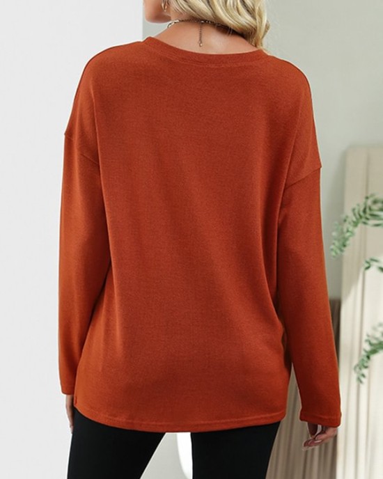 Asymmetric Drawstring Hollow Solid Color Long Sleeves Loose Round-Neck T-Shirts Tops