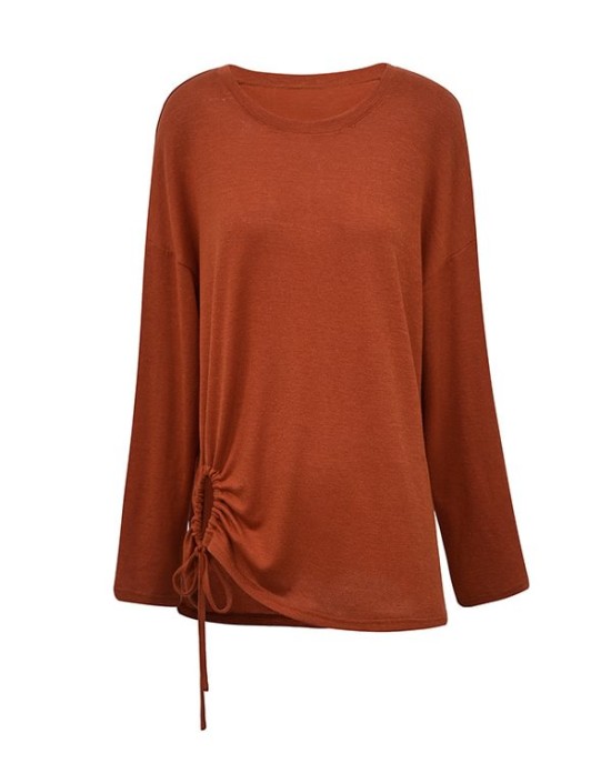 Asymmetric Drawstring Hollow Solid Color Long Sleeves Loose Round-Neck T-Shirts Tops