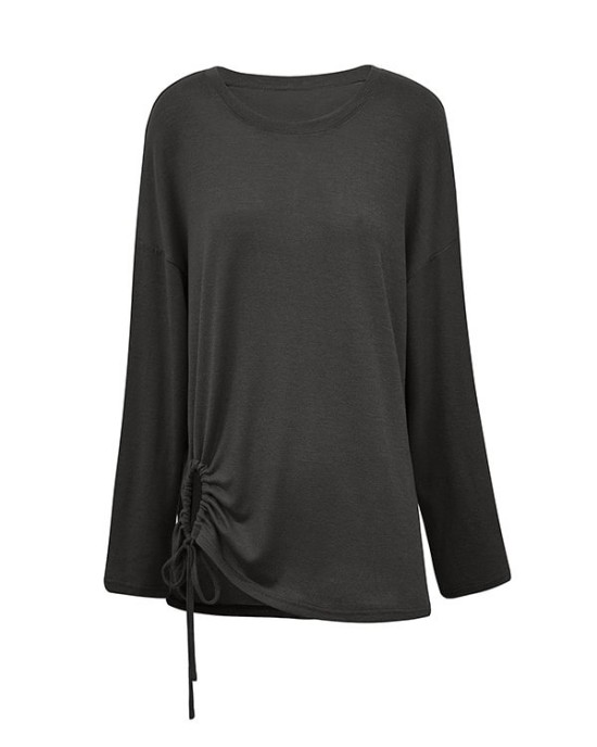 Asymmetric Drawstring Hollow Solid Color Long Sleeves Loose Round-Neck T-Shirts Tops