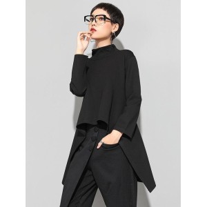 Black Zipper Long Sleeves Swallow-Tailed T-Shirt