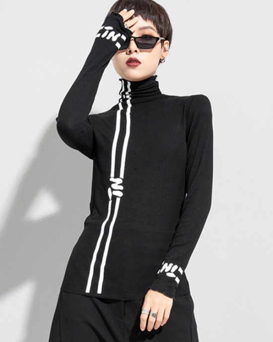 Black Printed High-Neck Long Sleeve T-Shirt