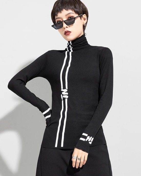 Black Printed High-Neck Long Sleeve T-Shirt