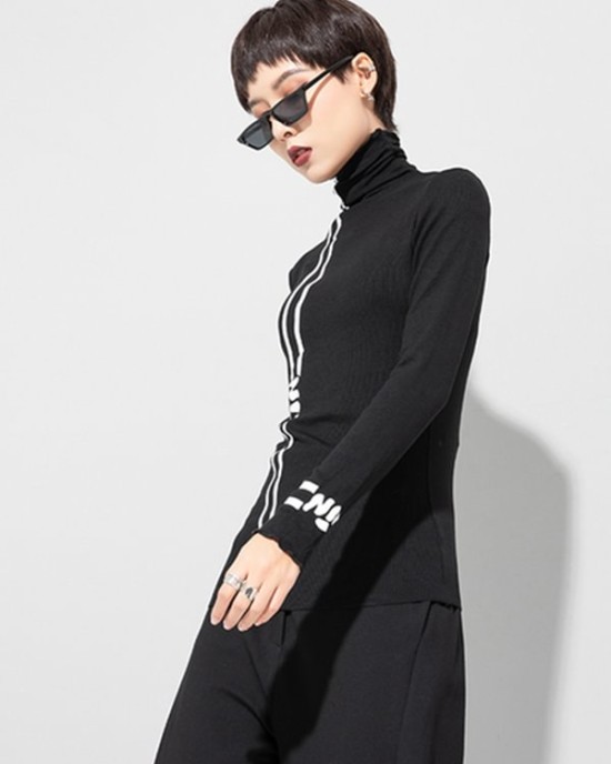 Black Printed High-Neck Long Sleeve T-Shirt