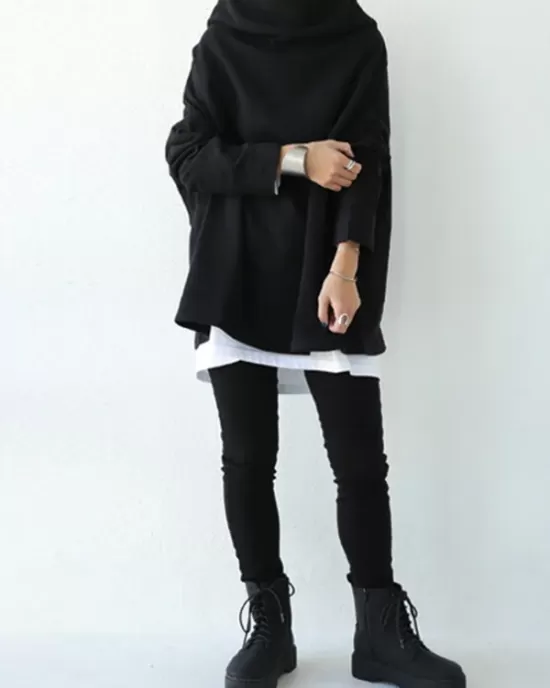 Urban Black&Gray High-Neck Long Sleeve Oversize T-Shirt