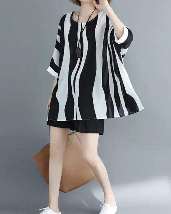 Original Chiffon Batwing Sleeves Striped Shirts Tops