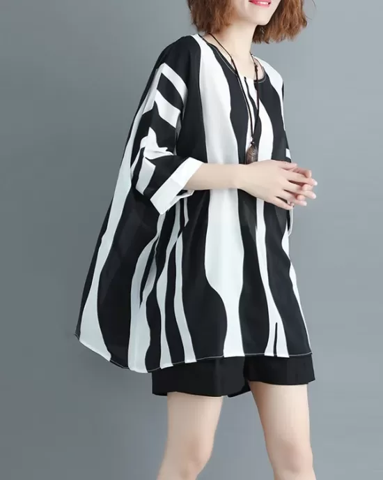 Original Chiffon Batwing Sleeves Striped Shirts Tops