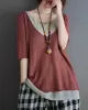 Artistic False Two Loose Ramie Cotton Half Sleeve Shirt