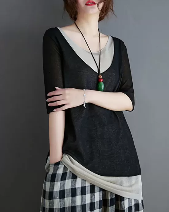 Artistic False Two Loose Ramie Cotton Half Sleeve Shirt