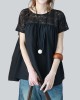 Vintage Solid Color Split-Joint Pleated Embroidered Hollow Lace Round-Neck Short Sleeves T-Shirt