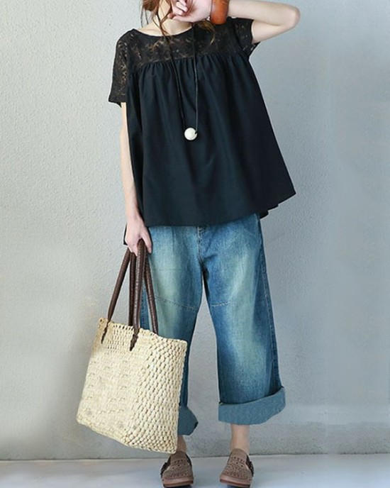 Vintage Solid Color Split-Joint Pleated Embroidered Hollow Lace Round-Neck Short Sleeves T-Shirt