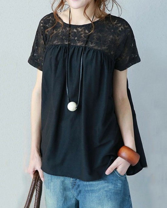 Vintage Solid Color Split-Joint Pleated Embroidered Hollow Lace Round-Neck Short Sleeves T-Shirt