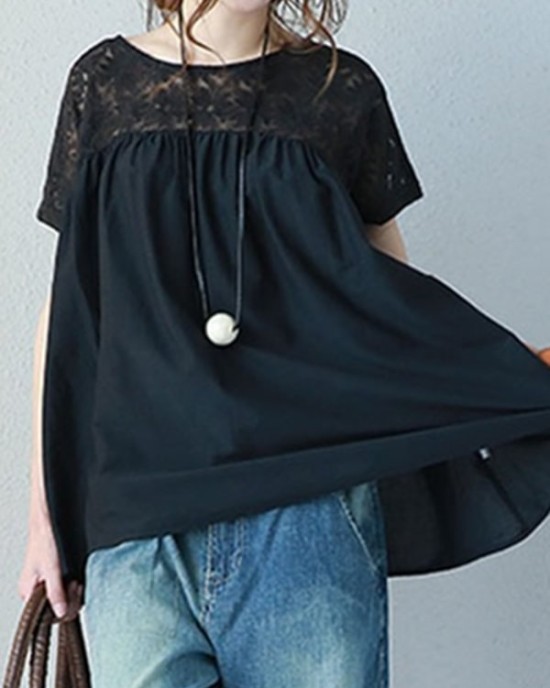 Vintage Solid Color Split-Joint Pleated Embroidered Hollow Lace Round-Neck Short Sleeves T-Shirt