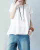 Vintage Solid Color Split-Joint Pleated Embroidered Hollow Lace Round-Neck Short Sleeves T-Shirt