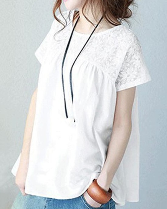 Vintage Solid Color Split-Joint Pleated Embroidered Hollow Lace Round-Neck Short Sleeves T-Shirt