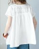 Vintage Solid Color Split-Joint Pleated Embroidered Hollow Lace Round-Neck Short Sleeves T-Shirt