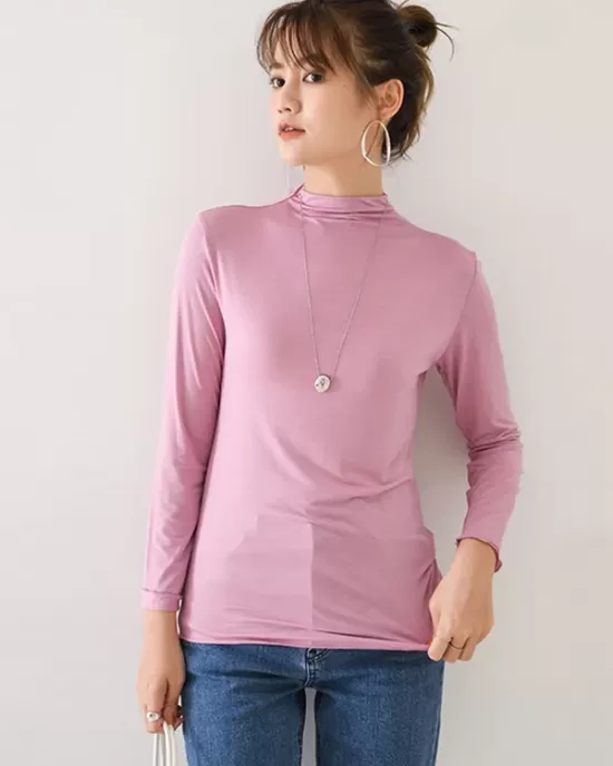 10 Colors Simple Solid Color Long Sleeves High-Neck T-Shirt Top