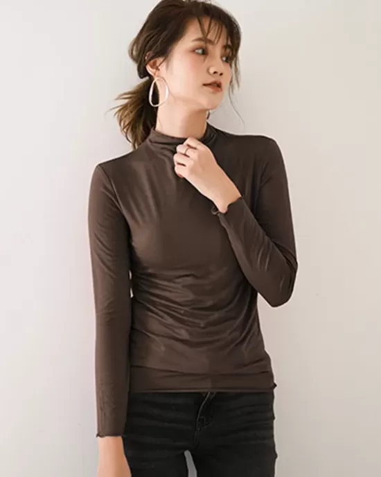 10 Colors Simple Solid Color Long Sleeves High-Neck T-Shirt Top